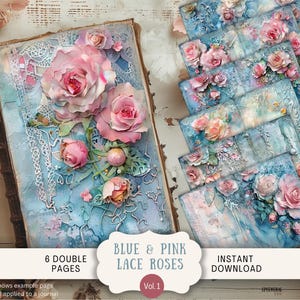 Pages de journal floral indésirable rose pastel et bleu, 6 pages de scrapbooking numérique, 11 x 8,5 po. Art imprimable journal éphémères vintage Roses pâles BLPI