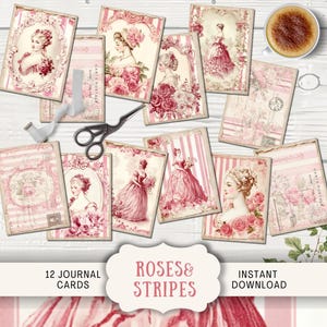 Carnet cartonné Roses & Stripes 12 cartes postales numériques ATC éphémères imprimables, créations en papier fantaisiste vintage shabby chic rose blanc ROST
