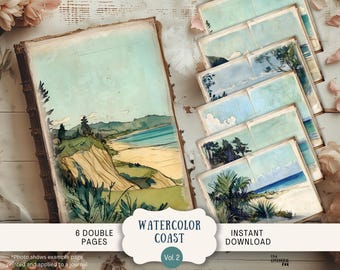 Puede incluir: Seis ilustraciones de acuarela a doble página de escenas costeras. Las ilustraciones presentan playas, palmeras y vistas al océano. El título "Watercolor Coast Vol. 2" está impreso en la parte inferior de la imagen.
