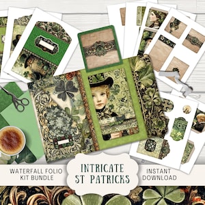 St Patricks Waterfall Junk Journal Folio Kit Digital Mix & Match Bases Flip book Cascade imprimable trèfles à trois volets trèfle irlandais à trois volets SPIP