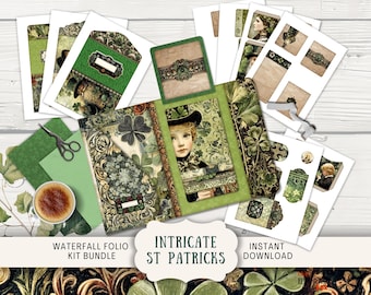 May include: A digital printable kit for crafting with a St. Patrick's Day theme. The kit includes a waterfall folio, intricate designs, and an instant download option. The design features green shamrocks, gold accents, and a vintage aesthetic.
