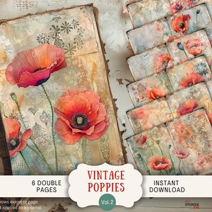 Vintage Mohn Junk Journal Seiten, 6 digitale Seiten, 11 x 8,5 "Art Printable Journal Ephemera, Aquarell Teal Mohnblumen, rote Blumen