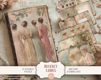 Regency Era Junk Journal Pages 6 Digital Scrapbook Papers 11 x 8.5" Art Printable Vintage Regency Edwardian Women & Girls, pastel blue RGLD