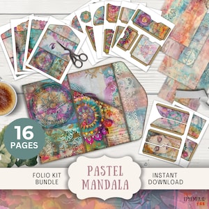 Pastel Mandala Junk Journal Folio, 16 digitale mix- en matchpagina's en vakken, 11 x 8,5 inch digitale printables, tijdelijke neutrale hippiebatik