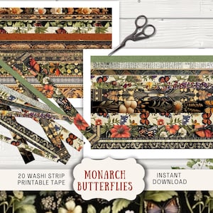 Ruban adhésif Washi imprimable papillon monarque, feuille de lettres numériques US pour journal indésirable, papillons vintage, bandes décoratives neutres éphémères INMO