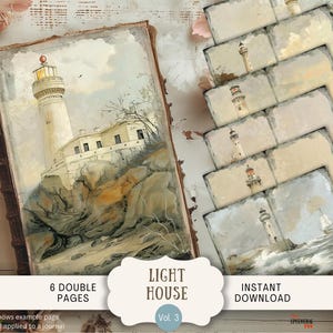Dreamy Lighthouse Junk Journal Pages 6 pagine di album digitali 11 x 8,5" Arte stampabile Carta digitale Faro Spiaggia Nautico Oceano LIHO