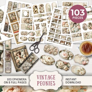 Kit de diario basura con peonías blancas vintage: etiquetas, tickets, minisobres, minitarjetas, etiquetas, tiras de película, marcos y pestañas, florales VWPN