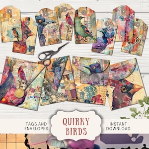 Skurrile Vögel Junk Journal Ephemera Tags und Umschläge, 4 Digital Junk Journal Printable Paper Craft Umschläge, 8 Tags, lustige Vogel Tags QIBR