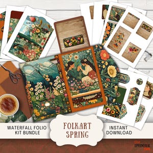 Folkart Waterfall Junk Journal Folio Kit Digital Mix & Match Pochette chargée dans la base Cascade flip book imprimable à trois volets rétro rustique printemps FLSP