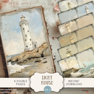 Dreamy Lighthouse Junk Journal Pages 6 pagine di album digitali 11 x 8,5" Arte stampabile Carta digitale Faro Spiaggia Nautico Oceano LIHO