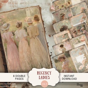 Páginas de diario basura de la época de la regencia, 6 papeles de álbum de recortes digitales de 11 x 8,5 pulgadas, para imprimir con motivos artísticos, mujeres y niñas de la época de la regencia eduardina, azul pastel RGLD