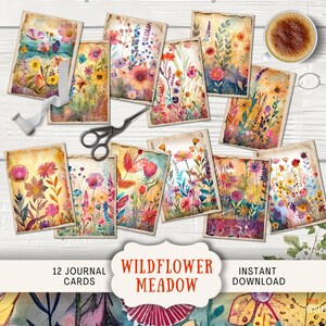 Cartes de journal prairie de fleurs sauvages, 12 cartes de journal numérique indésirable, journal imprimable éphémère, dentelle de collage de fleurs roses vintage en papier artisanal