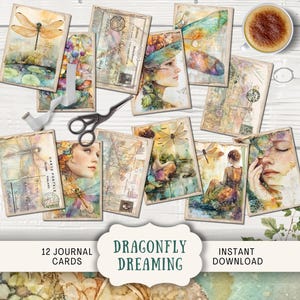 Cartes de journal indésirable libellule rêveuse 12 cartes postales numériques ATC éphémères imprimables, libellule rêveuse florale shabby chic artisanale en papier DRDM
