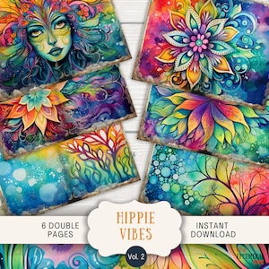 Hippie Junk Journal Pages, 6 Digital Scrapbook Pages, 11 x 8.5" Printable Journal Ephemera, Boho Hippie Vibes Paper, Bohemian Art Journal