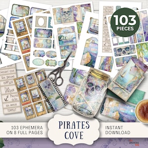 Treasure Island Junk Journal Ephemera Kit- Tags Tickets envelopes ATC cards labels scraps frames snippets,whimsical pirate nautical sea PICV