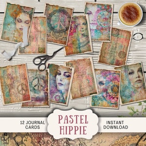 Pastel Hippie Batik Journal Cards, 12 Digital Junk Journal Cards, Ephemera di diario stampabile, Paper Craft vintage groovy retro neutral card
