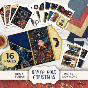 Kit folio pour carnet de Noël bleu marine et doré, 16 pages numériques à agencer et à agencer et pochettes 3 volets imprimables en Pointsettia Santa NVCH