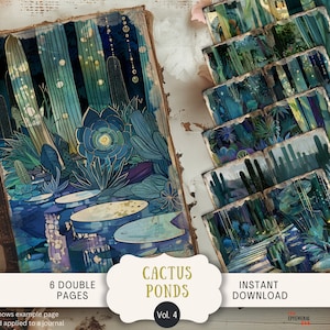 Páginas de diario basura de Cactus Pond, 6 páginas de álbum de recortes digitales de 11 x 8,5 pulgadas, diario imprimible con arte, efímeras, cactus y jardines suculentos, vintage