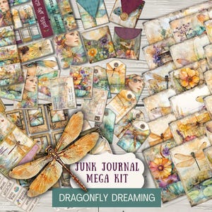 Zestaw Dragonfly Dreaming Junk Journal Kit Papiery do druku Tagi Bilety koperty mini-kartki vintage etykiety filmowe dragonfly folio mega DRDM
