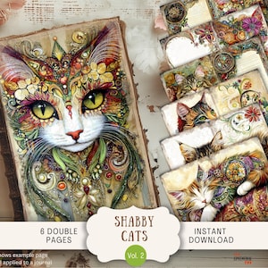Páginas de diario basura de gatos shabby 6 páginas de álbum de recortes digital 11 x 8,5" Papel digital imprimible de arte Boho Boho Cat retro Shabby Chic SGCT