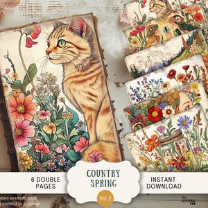 Páginas de diario basura de primavera campestre, 6 papeles de álbum de recortes digitales, 11 x 8,5 pulgadas, para imprimir, estilo rústico, veraniego, floral, para niña, estilo bohemio, shabby, naturaleza, COSP