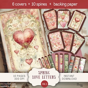 Kit de couverture : lettre d'amour printanière, couvertures de journaux et dos, lettre US, couverture de livre 300 ppp, décoration imprimable coeurs saint valentin romantique LLWP