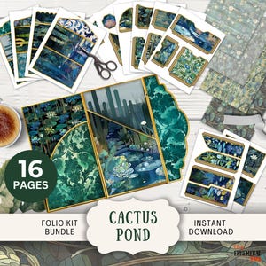 Cactus Pond Junk Journal Folio, 16 pages numériques à agencer et à agencer et pochettes 11 x 8,5 po.