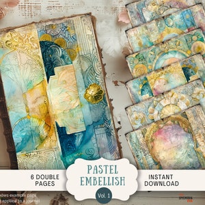Pages de journal indésirables embellissement pastel, 6 pages de scrapbooking numérique, 11 x 8,5 po. Art imprimable journal éphémère, pastel or métallique vintage
