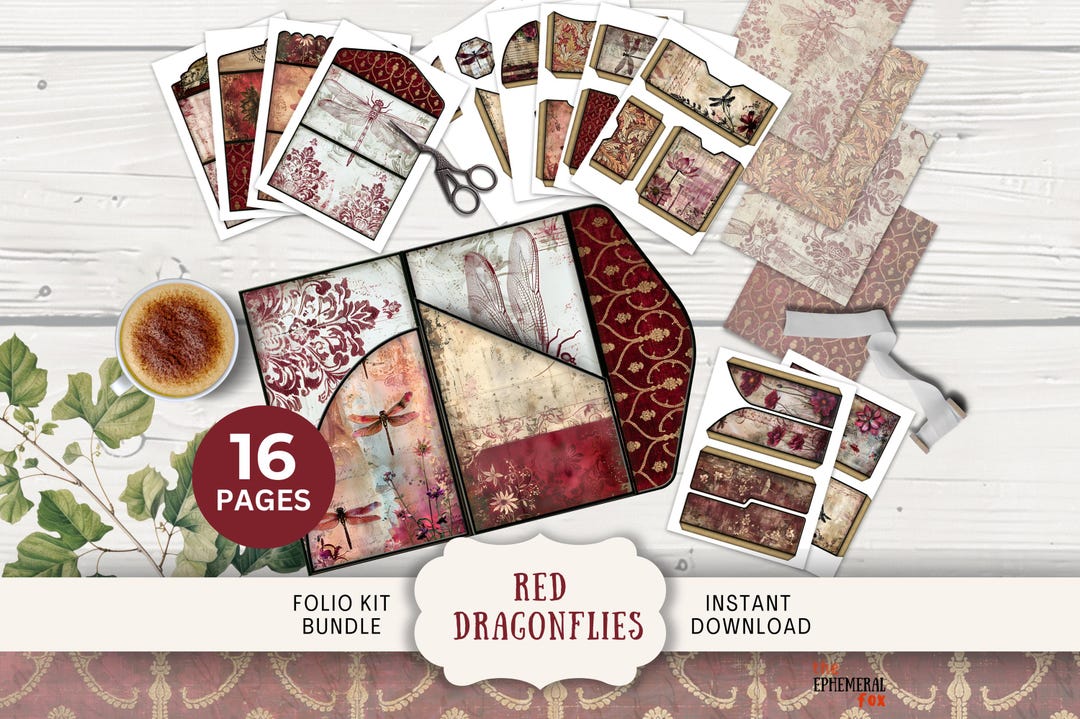 Red Dragonfly Junk Journal Folio, 16 Digital Mix and Match Pages ...