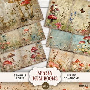 Pages de journal indésirable shabby chic champignons des champs, 6 pages de scrapbooking numérique, 11 x 8,5 po. imprimable Journal éphémère, papier pour journal artistique champignon vénéneux