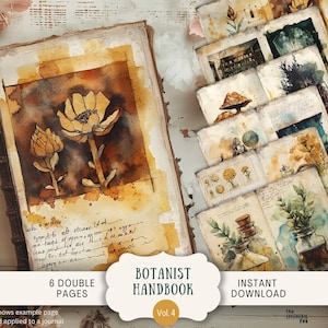 Botanist Handbook Junk Journal Pages 6 fogli di carta per scrapbooking digitale 11 x 8,5" Whimsical Printable Vintage Victorian Botanical Field Guide BTHB