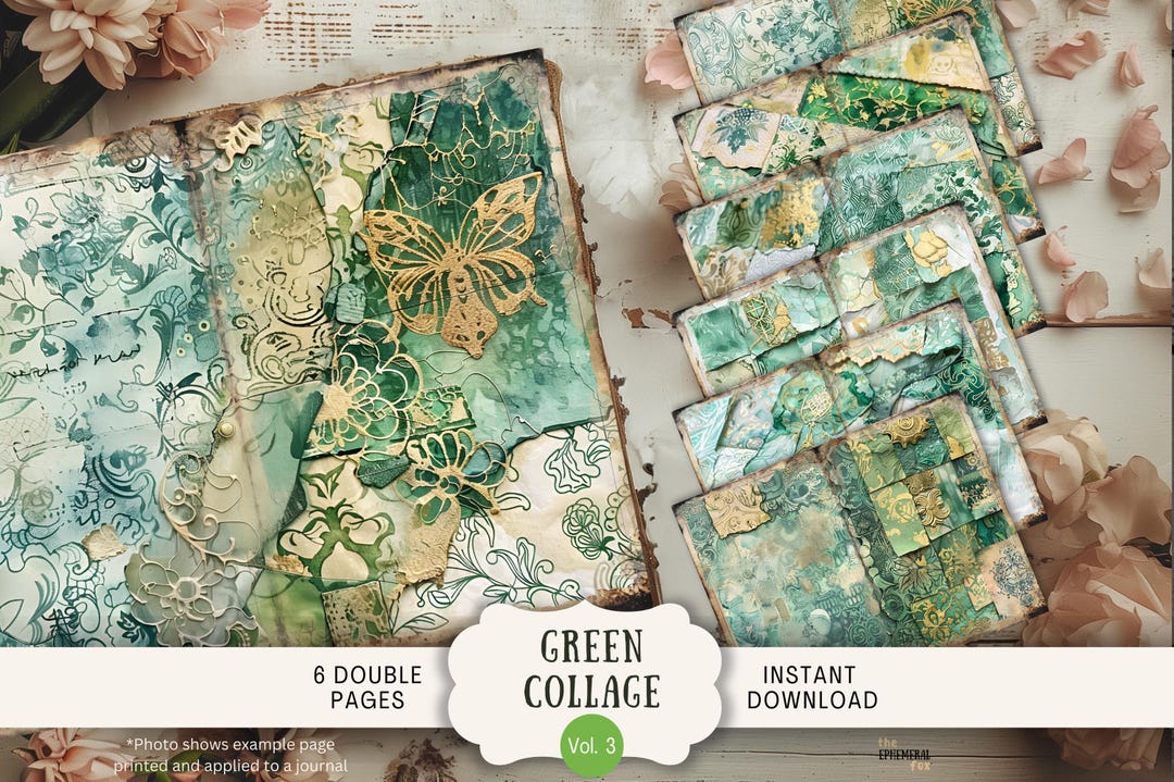 Green Paper Collage Junk Journal Pages 6 Digital Scrapbook Papers 11 X ...