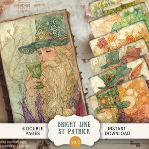 Páginas de diario basura del día de San Patricio con dibujos de líneas, 6 papeles de álbum de recortes digitales de 11 x 8,5 pulgadas, arte imprimible, trébol caprichoso, estilo bohemio, acuarela SPLI