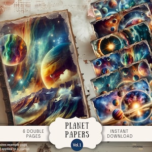 Planeten ongewenste dagboekpagina's 6 digitaal plakboekpapier 11 x 8,5" kunst afdrukbare zonnestelsel Fantasy Alien Galaxy Space Cosmos Celestial PLNT