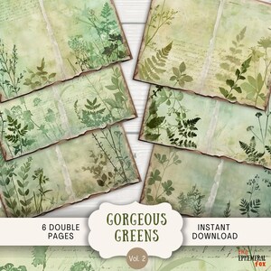 Feuilles de journal indésirable verdure fougère, 6 pages de scrapbooking numérique, 11 x 8,5 po. Journal imprimable d'art éphémère, pages de journal d'art feuillage fougère forestière