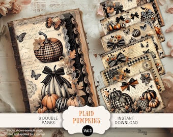 May include: Six double-sided printable pages featuring a vintage style design with plaid pumpkins, butterflies, and floral accents. The pages are perfect for scrapbooking, card making, or adding a touch of fall to your journal.
