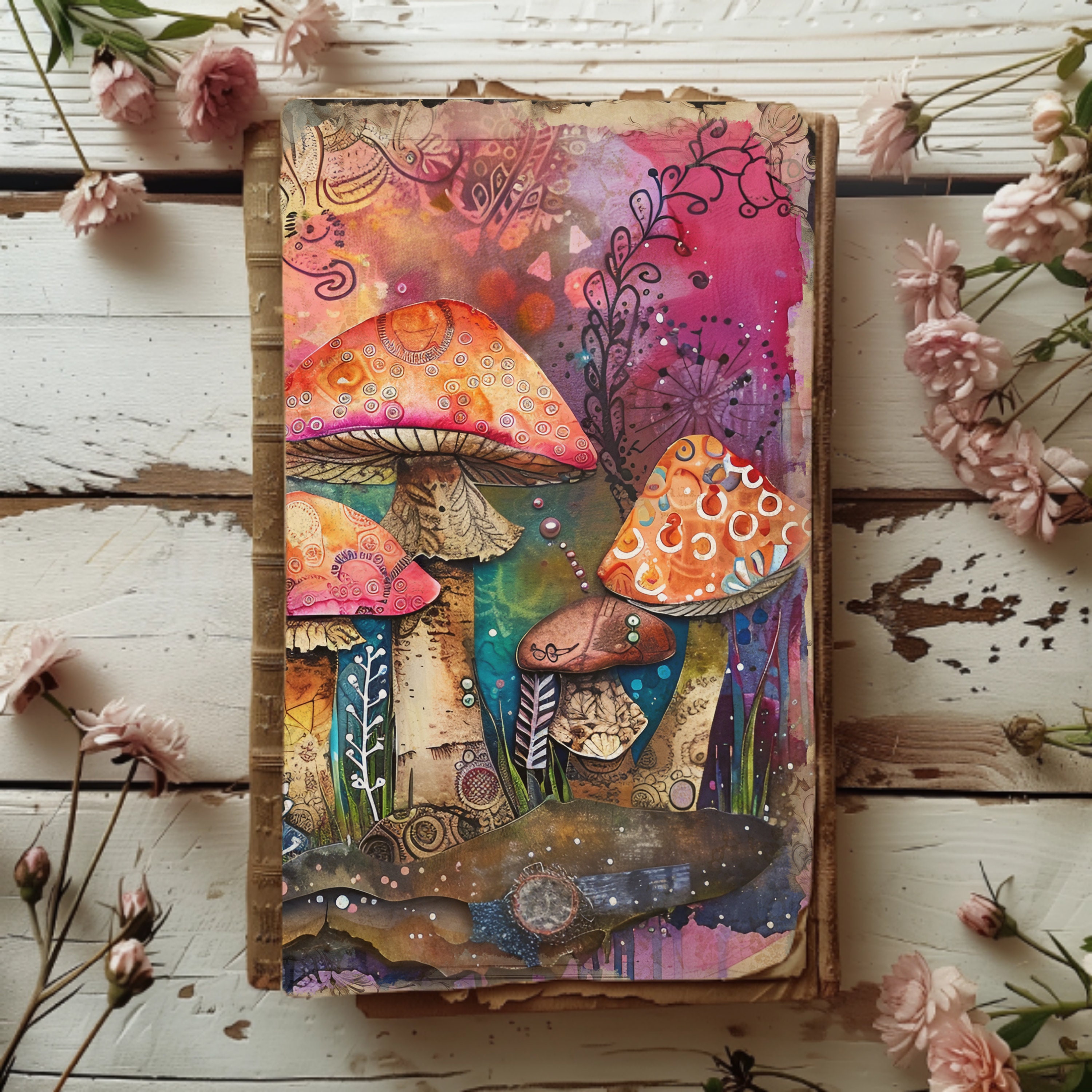 Hippie Mushroom Junk Journal Pages, 6 Digital Scrapbook