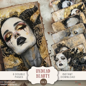 Vampire Junk Journal Pages, 6 pages de scrapbooking numérique 11 x 8,5" Art imprimable journal éphémères, belle femme vampire gothique sorcière or