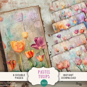 Páginas de diario vintage con tulipanes, efímera floral imprimible con diseño de letras de EE. UU., papel de álbum de recortes estilo shabby chic, arte floral antiguo RATU4