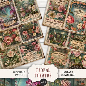 May include: A collection of vintage-style floral ephemera featuring botanical illustrations and French text. The design includes various flowers in shades of pink, white, and blue. The words "Floral Theatre" and "Instant Download" are visible.