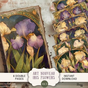 Könnte beinhalten: Sechs doppelseitige druckbare Seiten mit Vintage-Illustrationen von Iris-Blumen in Violett- und Gelbtönen. Die Seiten sind mit verzierten Rändern gerahmt und haben eine Vintage-Ästhetik. Der Text "Art Nouveau Iris Flowers Vol. 3" ist am unteren Rand des Bildes gedruckt.