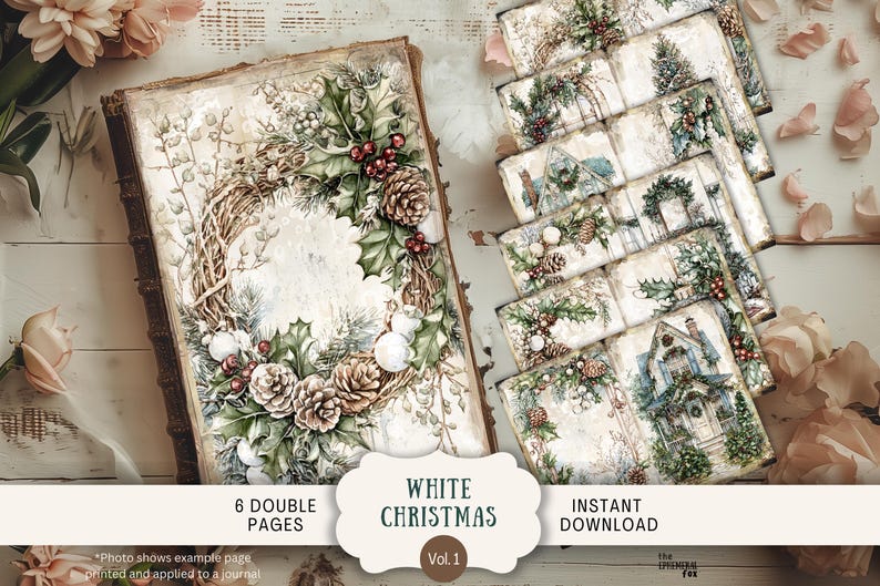 White Christmas Junk Journal Pages 6 Digital Scrapbook Papers 11 X 8.5 ...