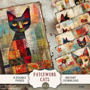 Cats in Patchwork Junk Journal Pages, 6 Digital Scrapbook Pages 11 x 8.5" Art Printable Journal Ephemera Vintage Patchwork rustic shabby cat