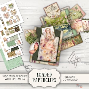 Puede incluir: Una colección de efímeras de papel, que incluye clips decorativos, etiquetas y pequeñas cajas, con ilustraciones florales y botánicas. La paleta de colores incluye verdes, rosas y cremas. El texto "LOADED PAPERCLIPS" es visible.