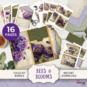 May include: A folio kit bundle featuring floral and bee-themed designs. The kit includes various paper elements with purple hydrangea and bee illustrations, along with the text "Bees & Blooms" and "16 Pages".