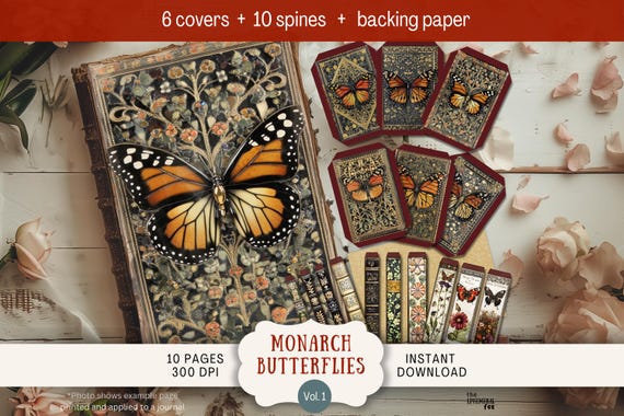 Cover Kit: Monarch Butterflies Junk Journal Covers & Spines Digital 300DPI Book Cover Printable Topper Neutral Victorian Leather spine INMO