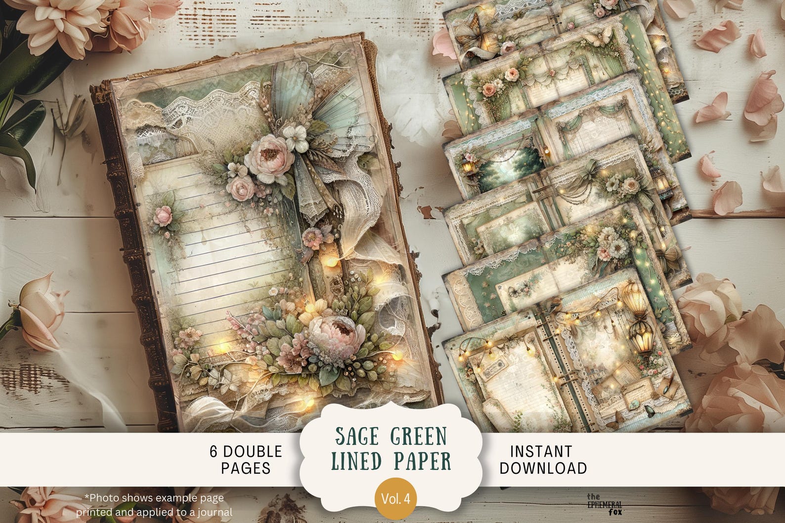 Lined Sage Green Junk Journal Pages 6 Digital Scrapbook Paper 11 X 8.5 ...