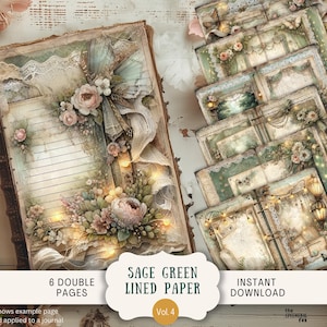 Gevoerde saliegroen ongewenste dagboekpagina's 6 digitaal plakboek 11 x 8,5" kunst afdrukbare geregelde kant en parels grillige vintage groene rozen LISG