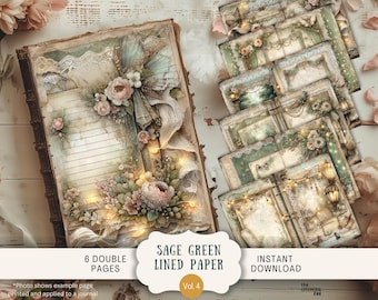 Lined Sage Green Junk Journal Pages 6 Digital Scrapbook Paper 11 x 8.5" Art Printable Ruled lace & pearls whimsical vintage green roses LISG