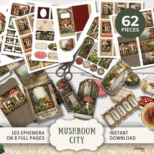 Könnte beinhalten: Eine Sammlung von Ephemera zum Thema Pilze, darunter Etiketten und Ausschnitte. Die Designs zeigen Illustrationen von Pilzen, Waldszenen und botanischen Elementen. Der Text enthält "Mushroom City", "62 Teile" und "Sofort-Download".